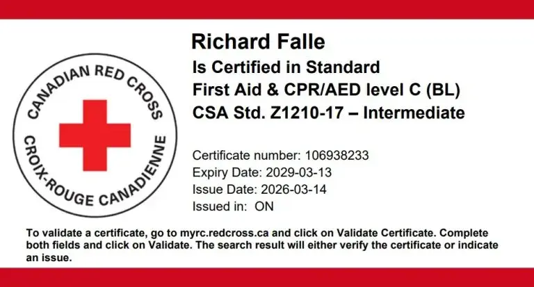 Canadian Red Cross Standard First Aid and CPR AED Level C certificate issued to Richard Falle.