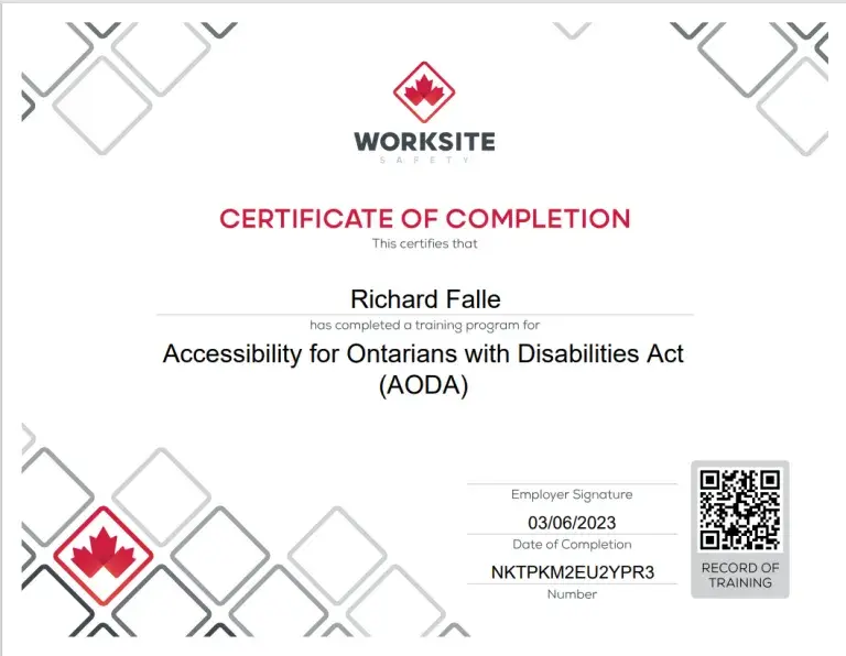 Worksite Safety certificate for Accessibility for Ontarians with Disabilities Act training completed by Richard Falle.