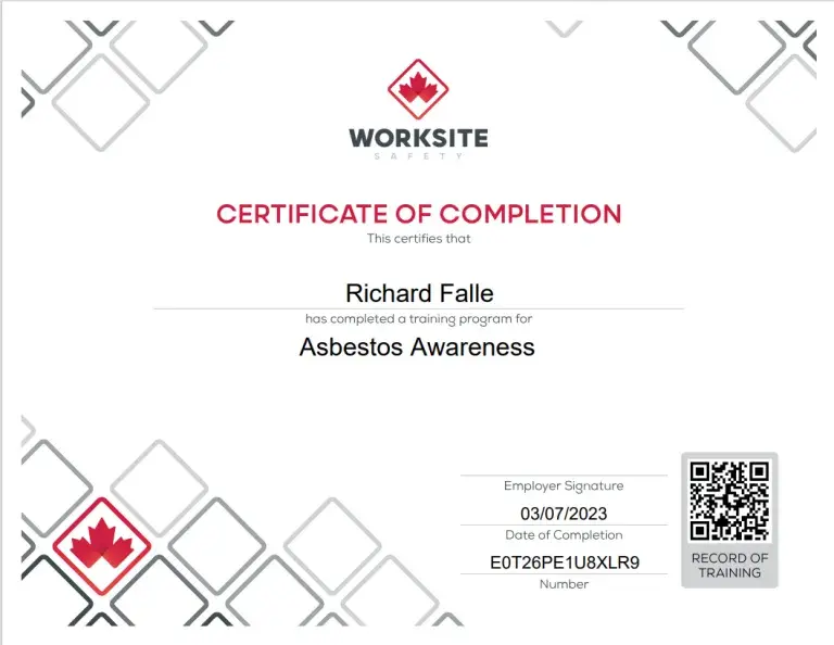 Worksite Safety certificate for Asbestos Awareness training completed by Richard Falle.