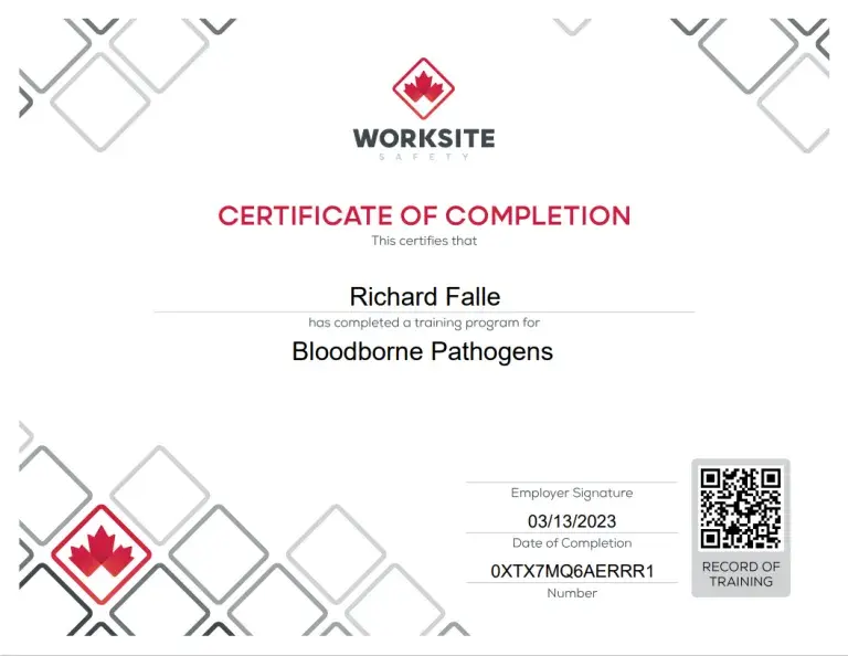 Worksite Safety certificate for Bloodborne Pathogens training completed by Richard Falle.