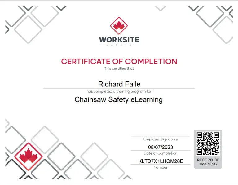 Worksite Safety certificate for Chainsaw Safety eLearning completed by Richard Falle.