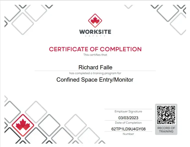 Worksite Safety certificate for Confined Space Entry and Monitor training completed by Richard Falle.