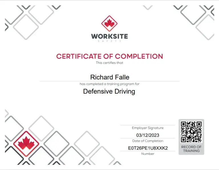 Worksite Safety certificate for Defensive Driving training completed by Richard Falle.