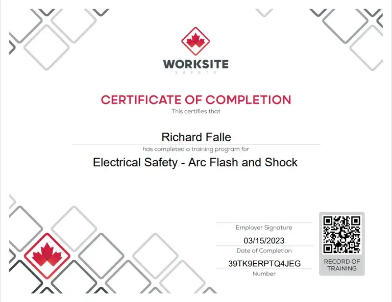 Worksite Safety certificate for Electrical Safety, Arc Flash and Shock training completed by Richard Falle.