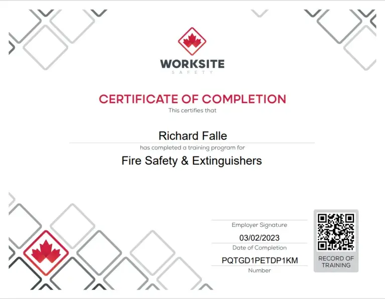 Worksite Safety certificate for Fire Safety and Extinguishers training completed by Richard Falle.