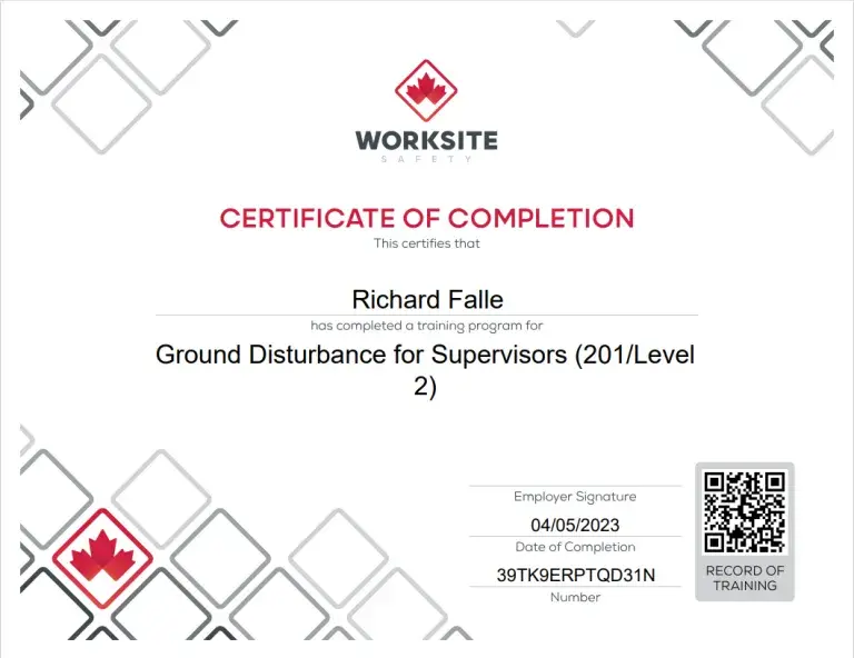 Worksite Safety certificate for Ground Disturbance for Supervisors, 201 Level 2, completed by Richard Falle.