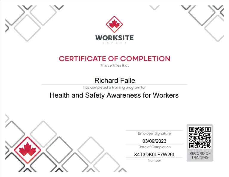 Worksite Safety certificate for Health and Safety Awareness for Workers completed by Richard Falle.