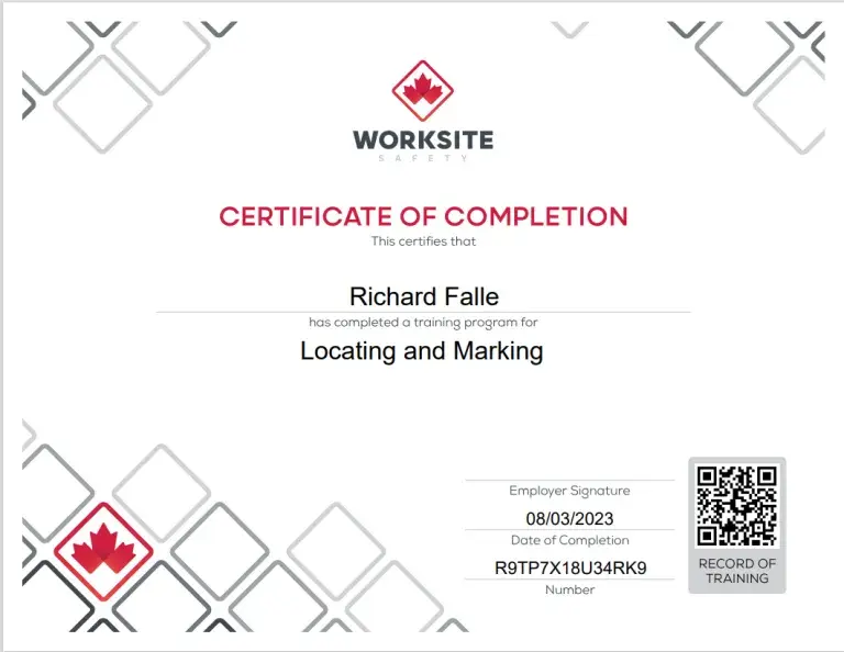 Worksite Safety certificate for Locating and Marking training completed by Richard Falle.
