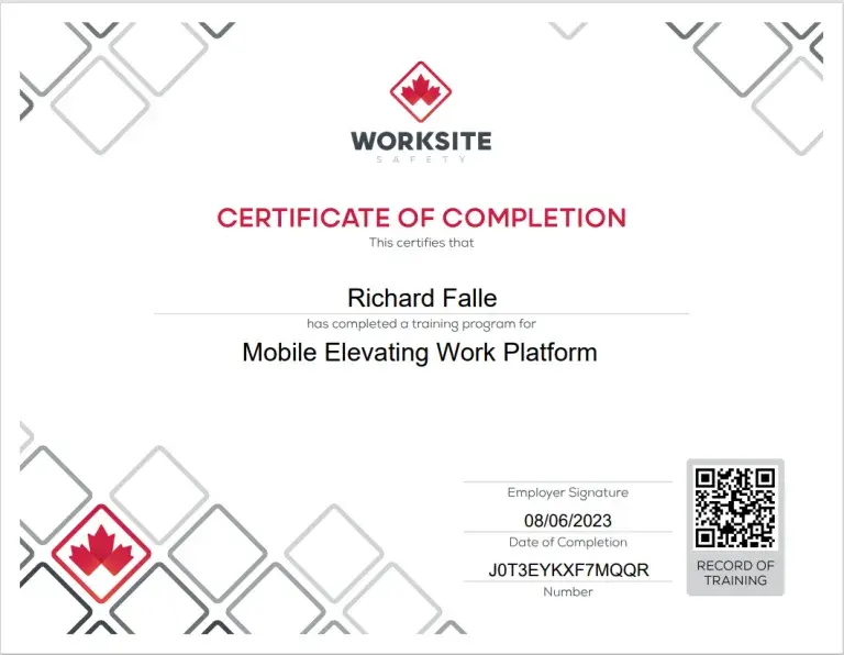 Worksite Safety certificate for Mobile Elevating Work Platform training completed by Richard Falle.