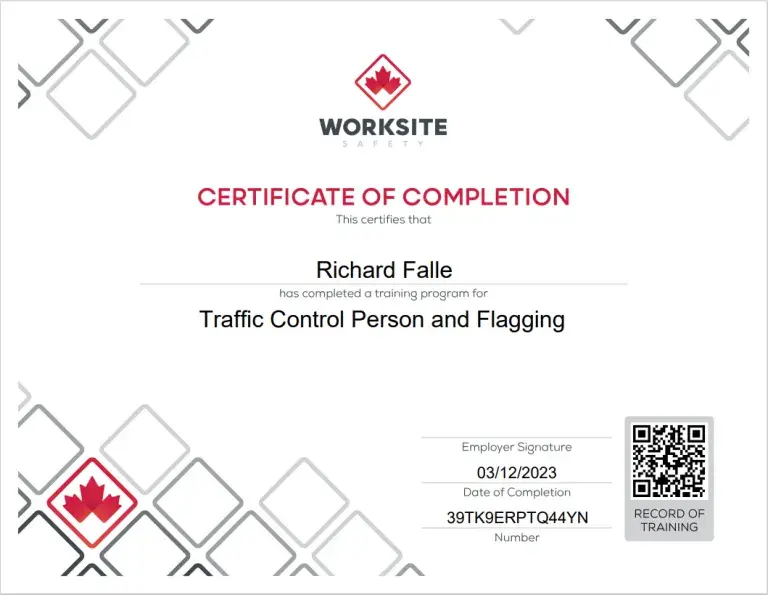 Worksite Safety certificate for Traffic Control Person and Flagging training completed by Richard Falle.