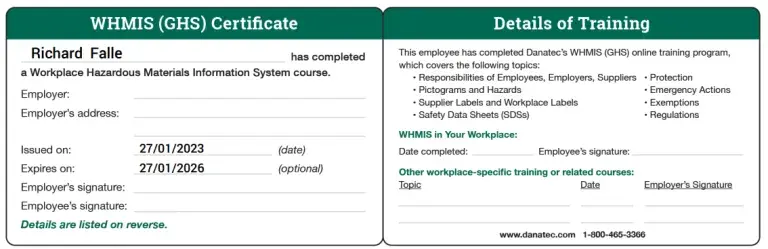 Danatec WHMIS GHS certificate issued to Richard Falle.