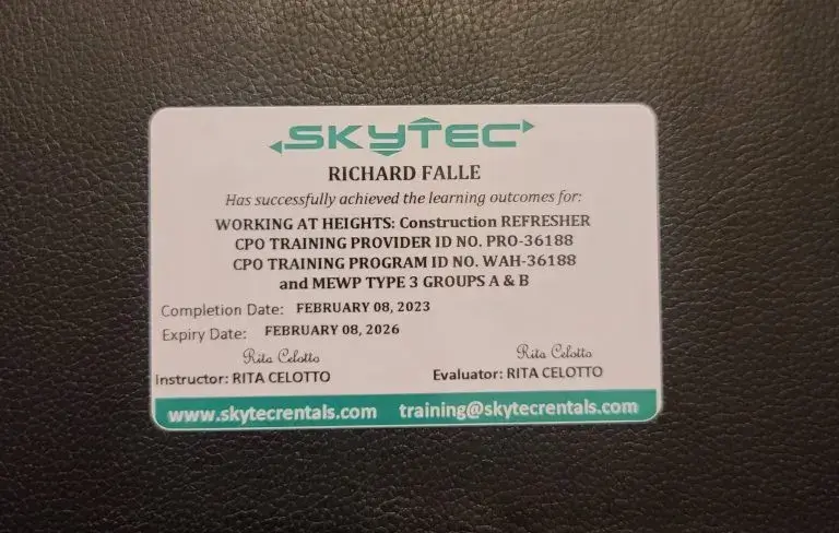 Skytec working at heights and mobile elevated work platforms certificate issued to Richard Falle.