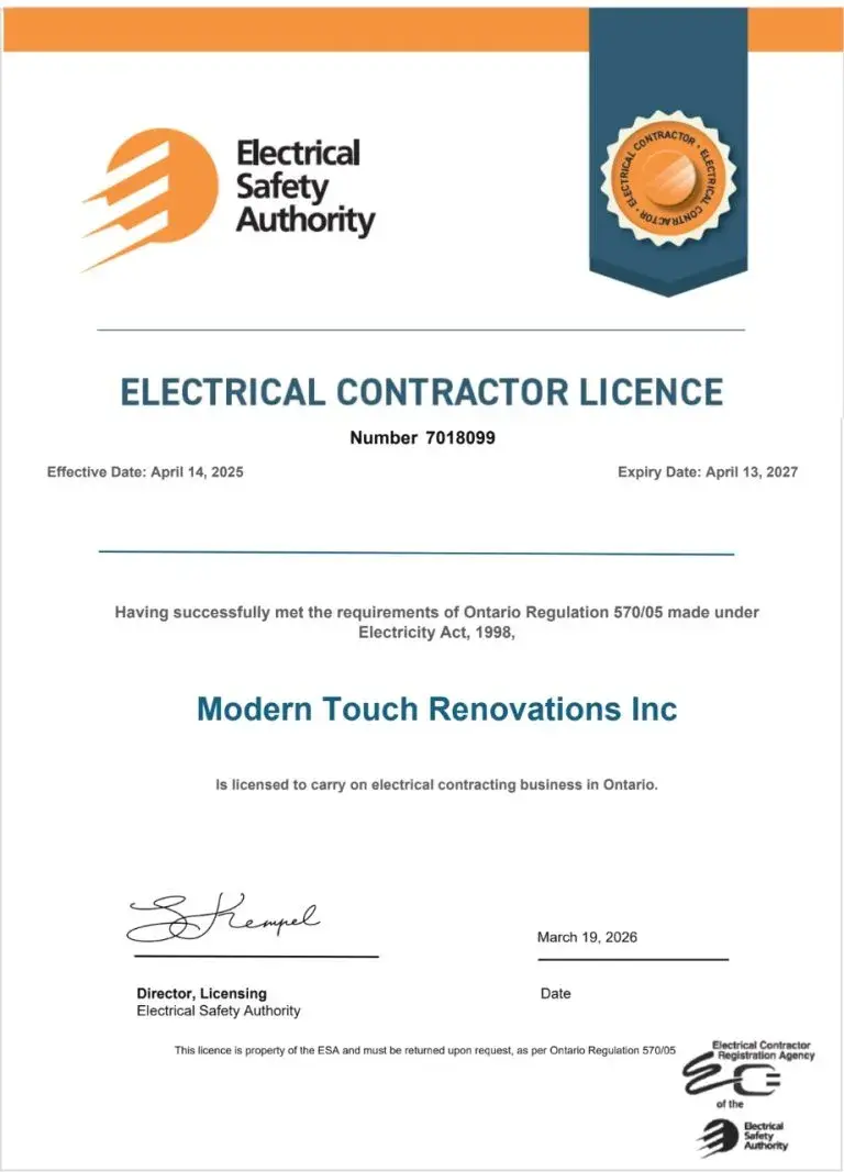 Electrical Safety Authority electrical contractor licence for Modern Touch Renovations Inc.
